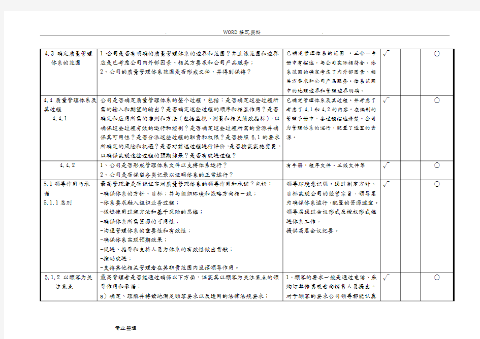 2016年版质量管理体系内审检查表