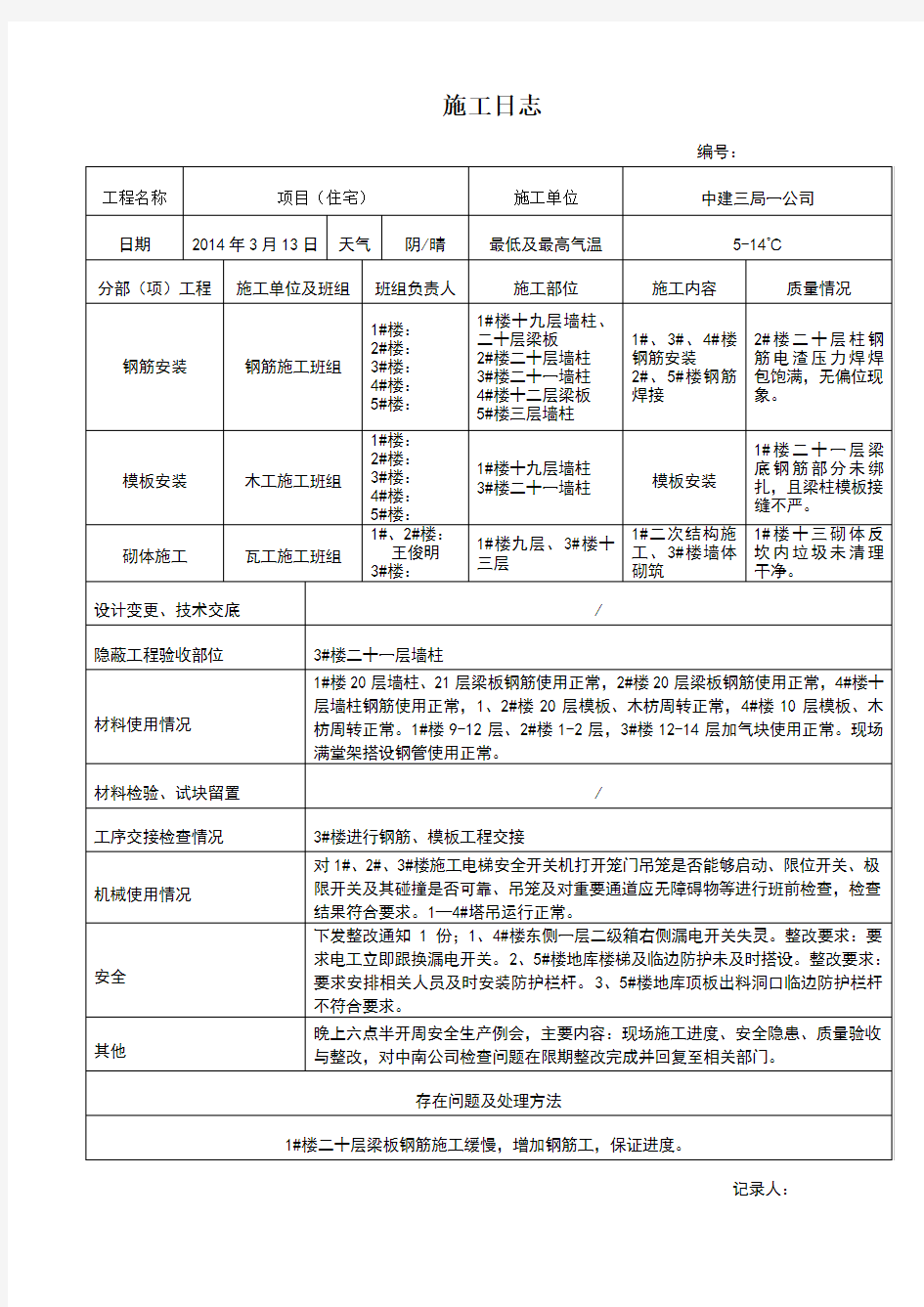 施工日志书写-参考样本