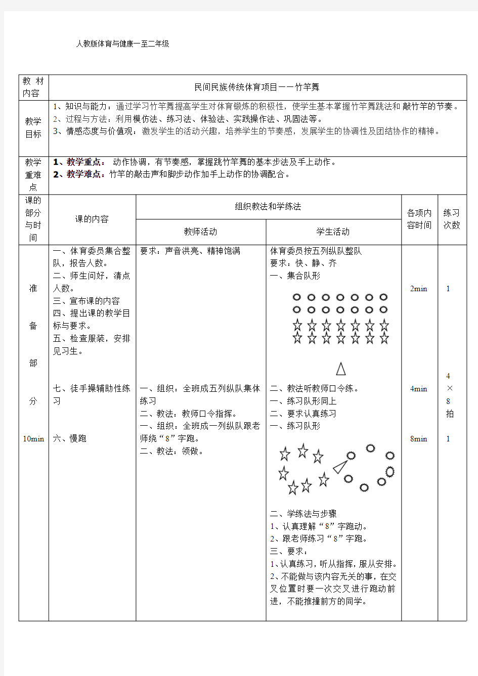 人教版体育与健康一至二年级《竹竿舞》公开课教案