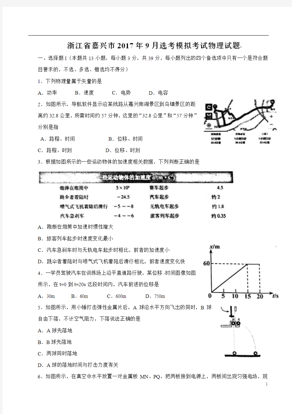 浙江省嘉兴市2018届高三9月选考模拟考试物理试题(无答案)