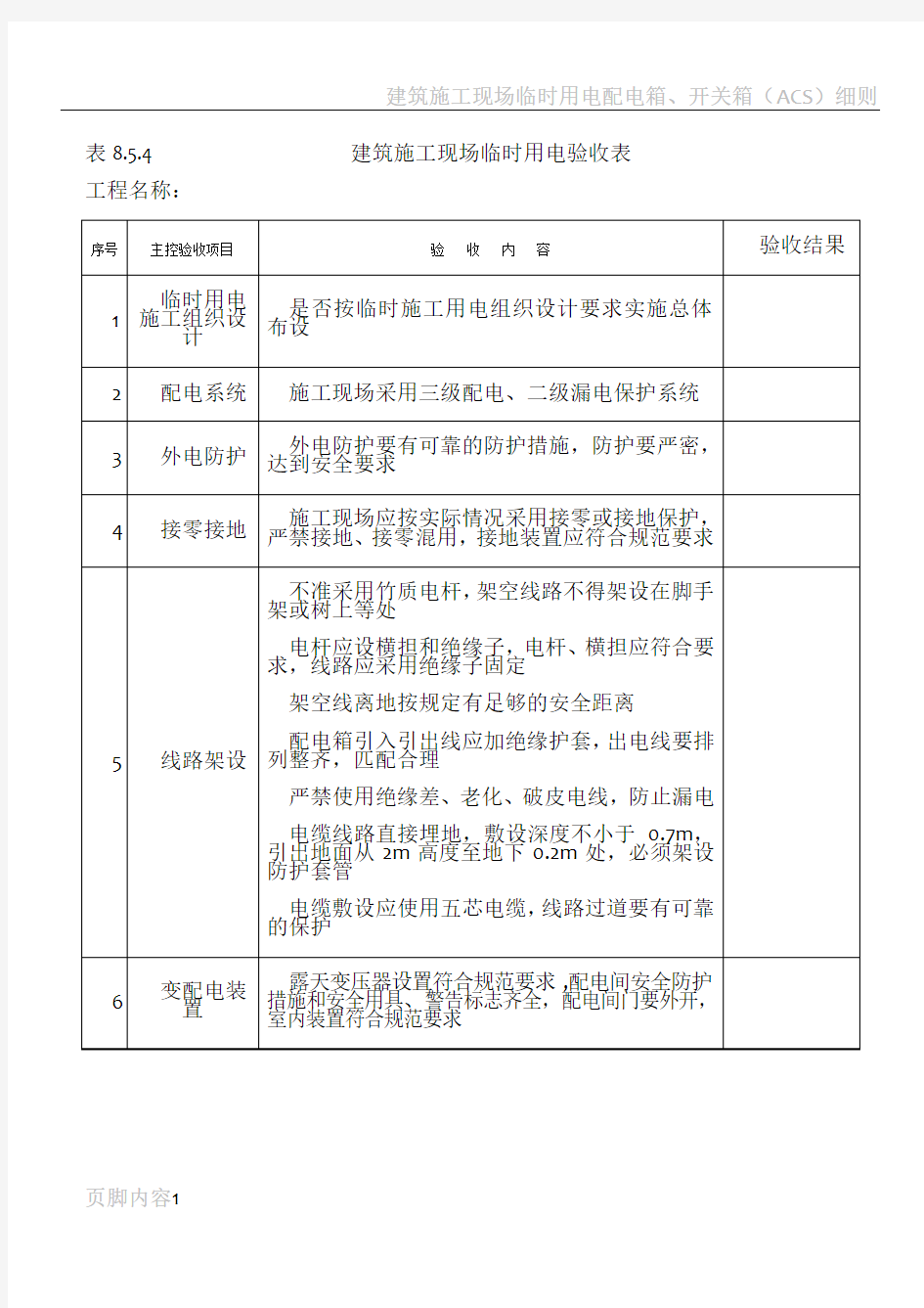 建筑施工现场临时用电验收标准表