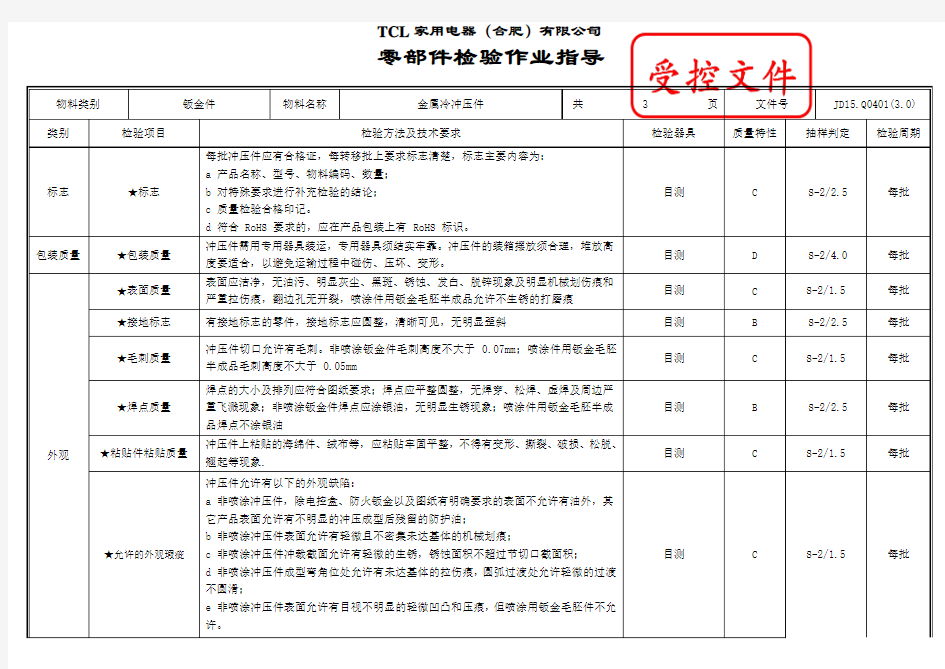 JD15.Q0401(3.0) 冰箱金属冷冲压件检验作业指导书