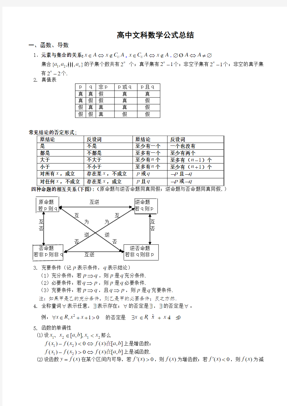 文科高中数学公式大全(超全完美) 