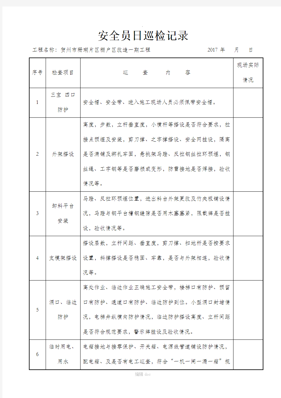 安全员日常巡查记录表