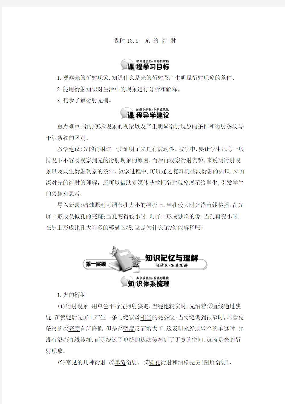 人教版高中物理选修3教案 光 的 衍 射 