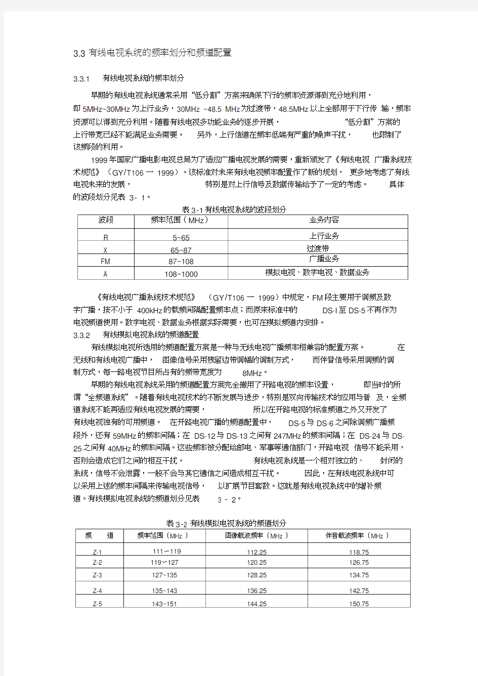 有线电视系统的频率划分和频道配置