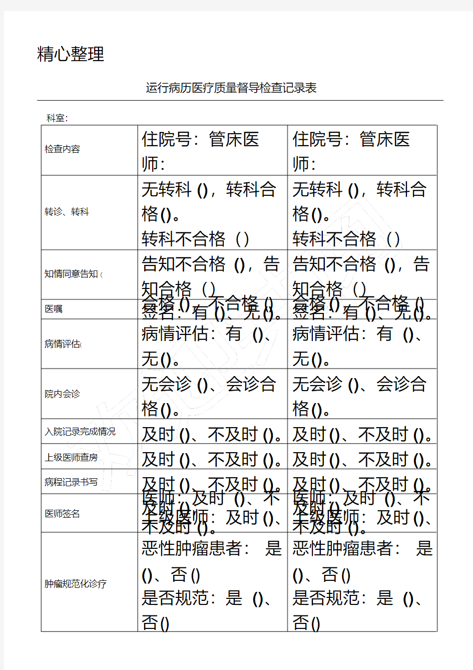 运行病历医疗质量督导检查记录表格模板