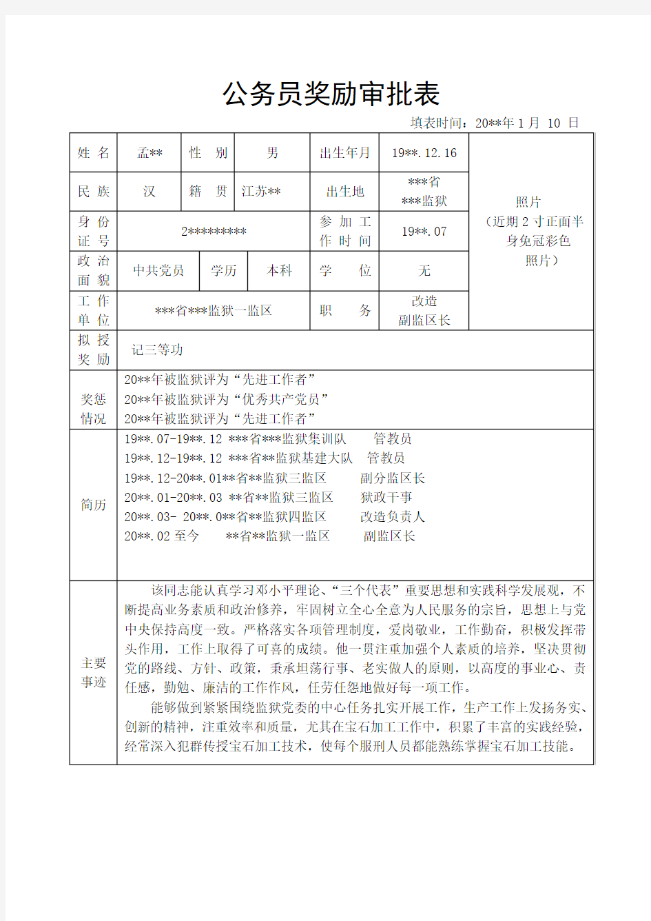 公务员奖励审批表(模板)