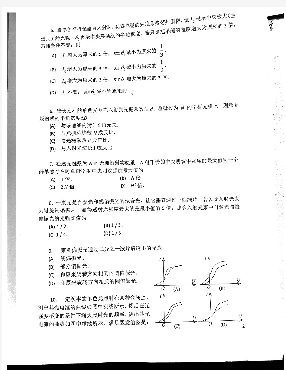 2018年上海理工大学考研试题619光学