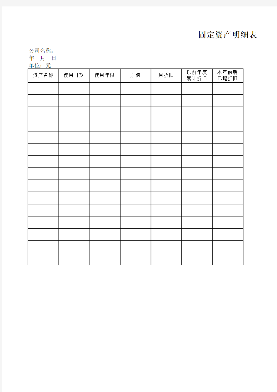 固定资产明细表格