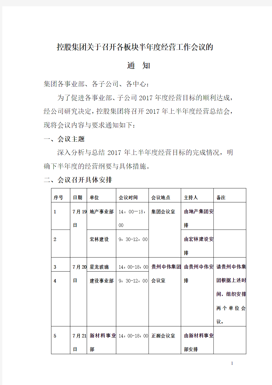 各板块半年度经营工作会议的通知