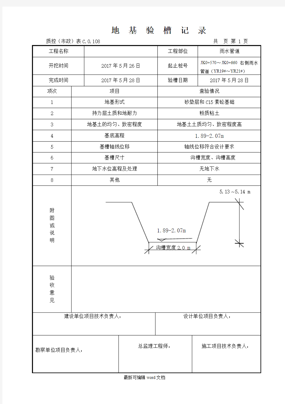 雨水管道地基验槽记录