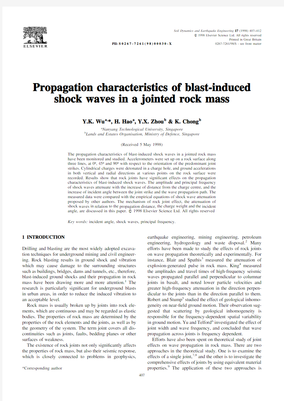 Propagation characteristics of blast-induced shock waves in a jointed rock mass
