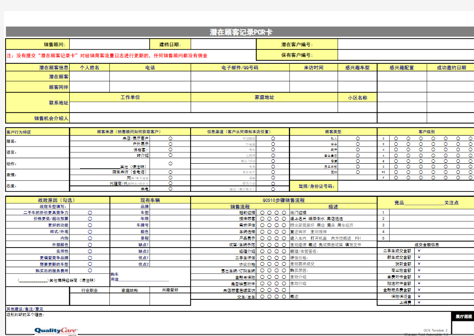 4S店潜在客户记录卡PCR