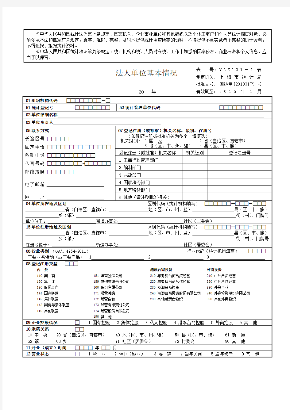 基本单位情况表式(101表)