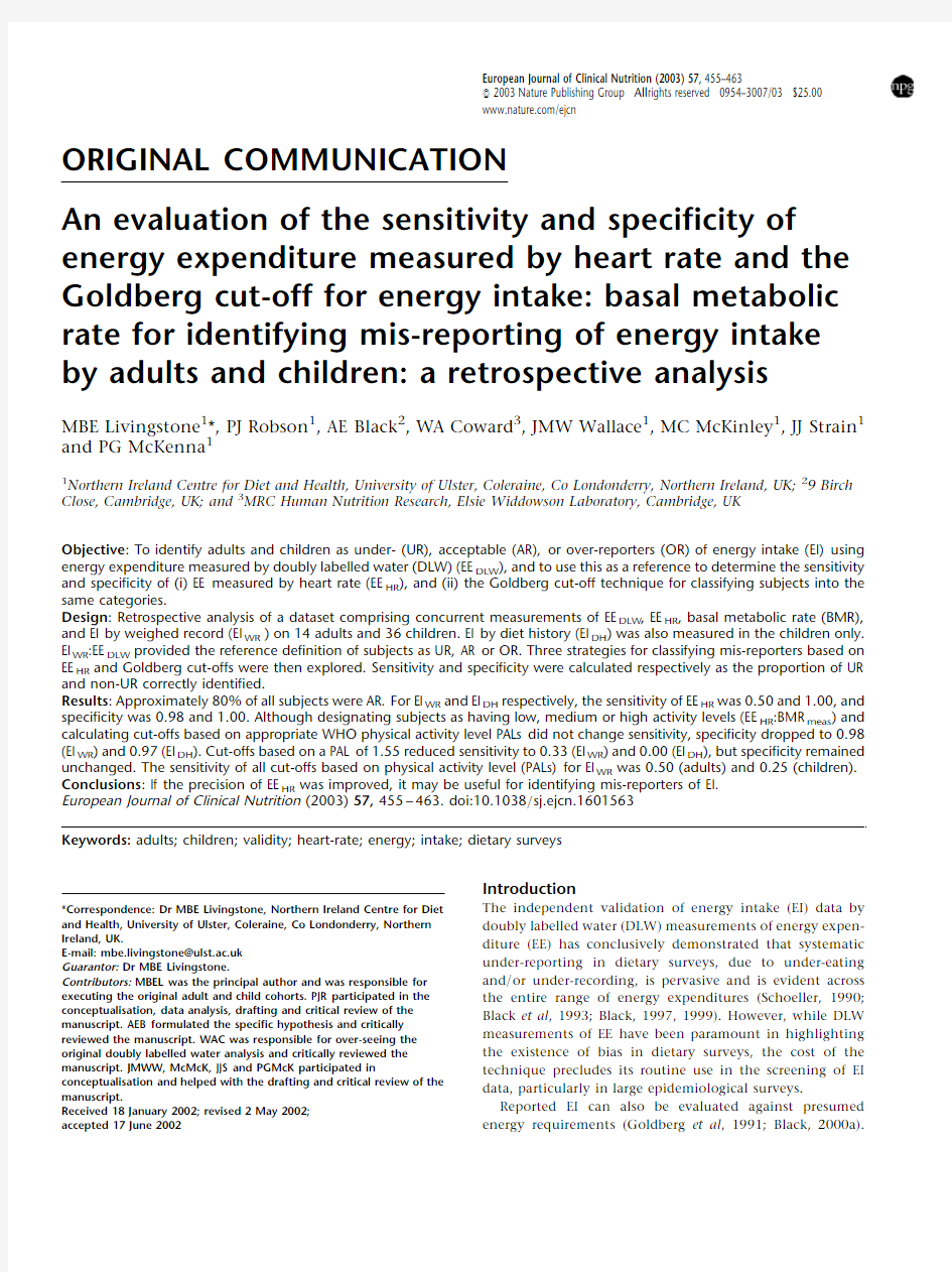 03.An evaluation of the sensitivity and specificity of energy expenditure measured by heart rate and
