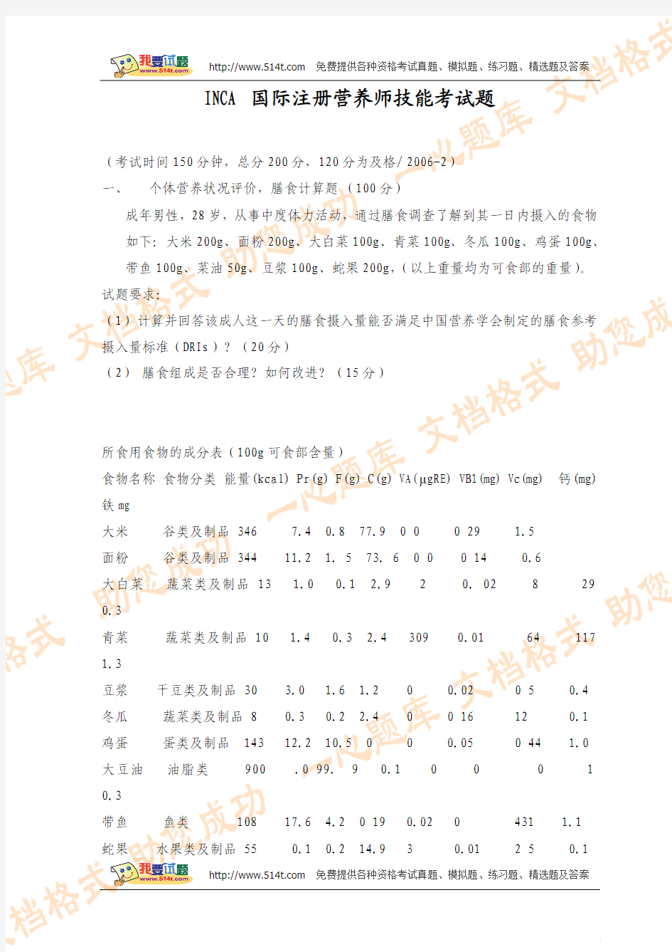 INCA国际注册营养师技能考试题