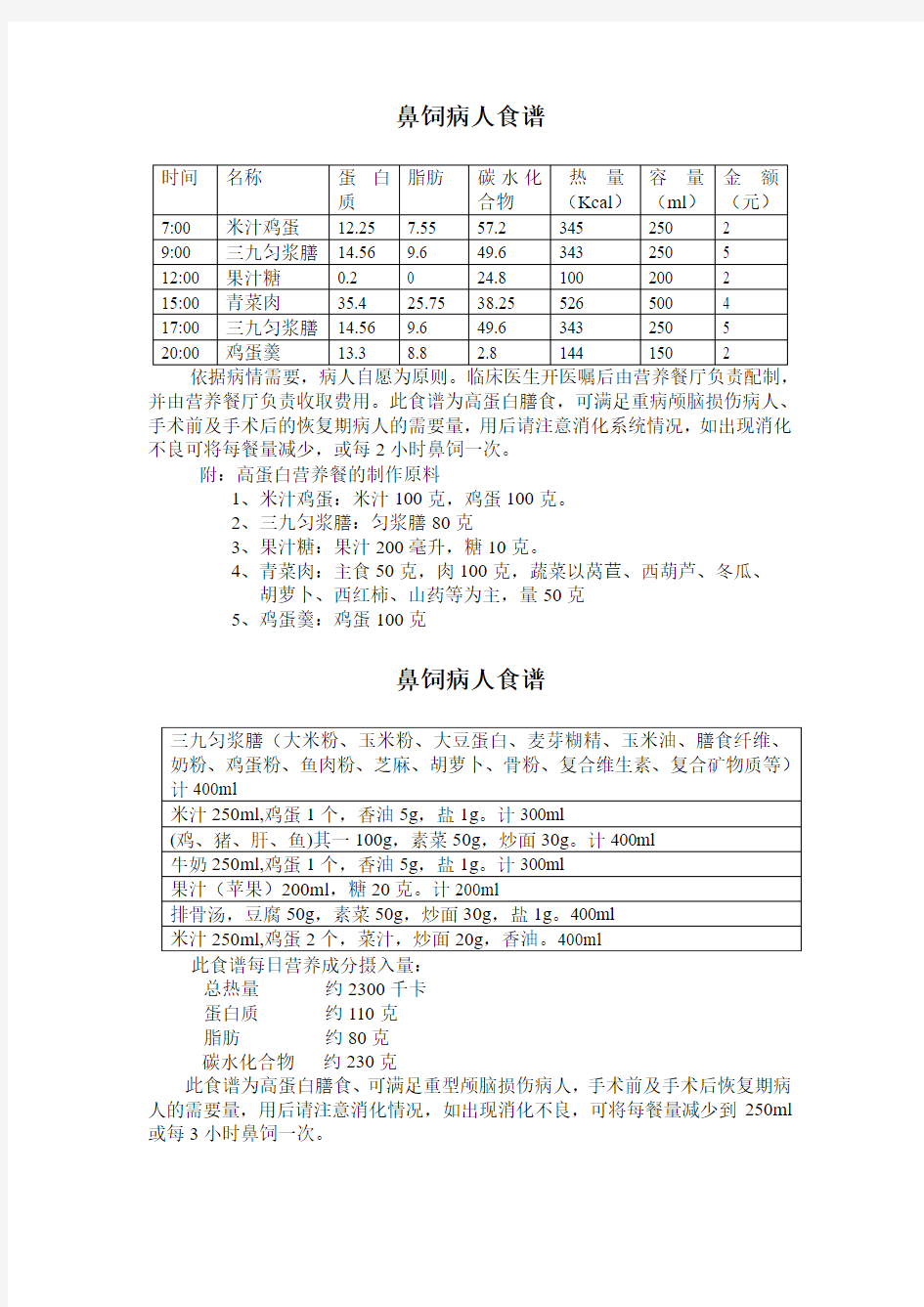 鼻饲病人食谱