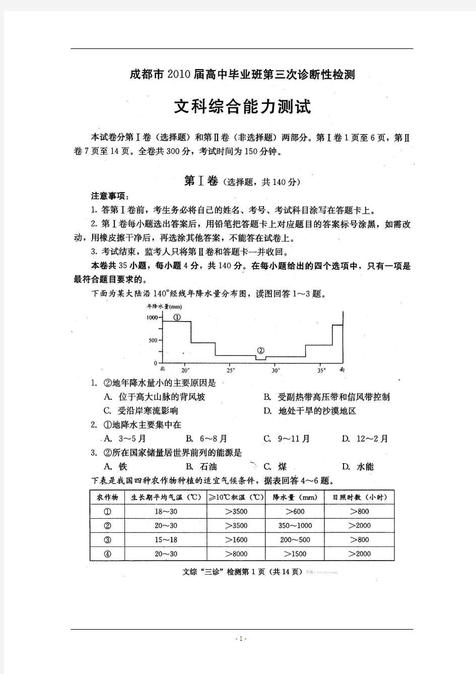 四川省成都市2010届高三第三次诊断(文综)扫描版(含答案)