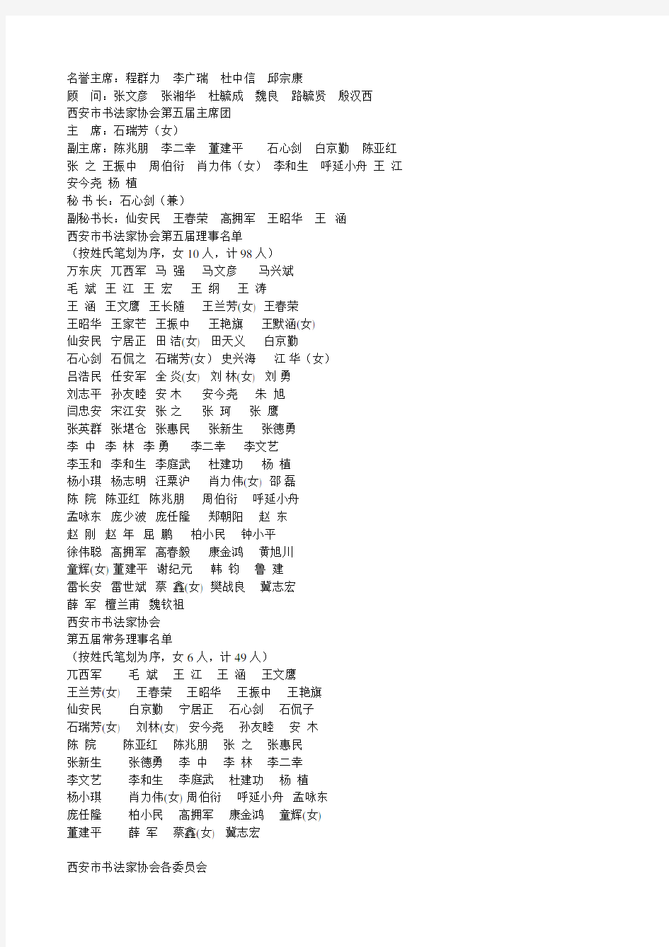 陕西省西安市书法家协会组织名单