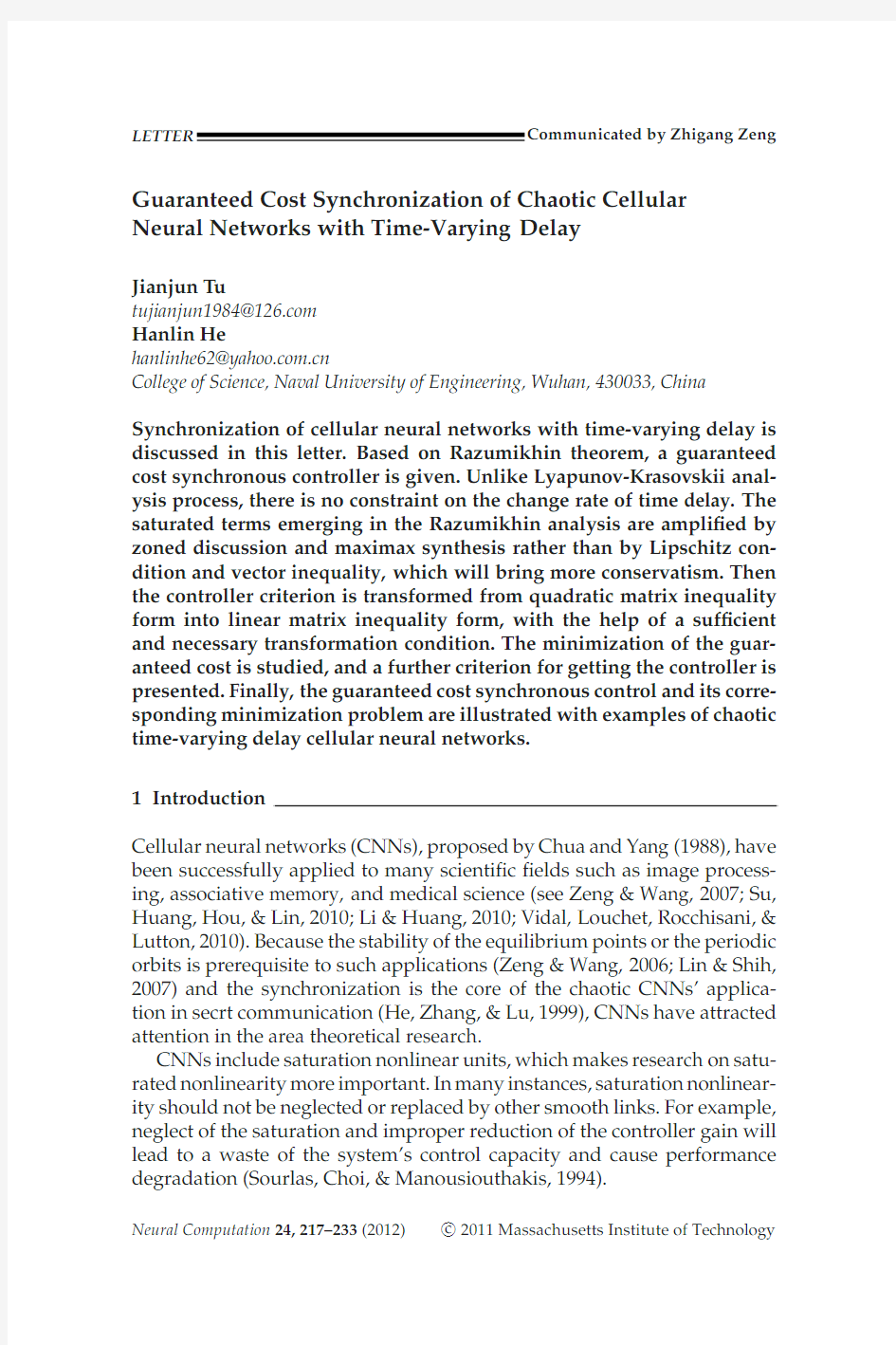 Guaranteed Cost Synchronization of Chaotic Cellular Neural Networks with Time-Varying Delay