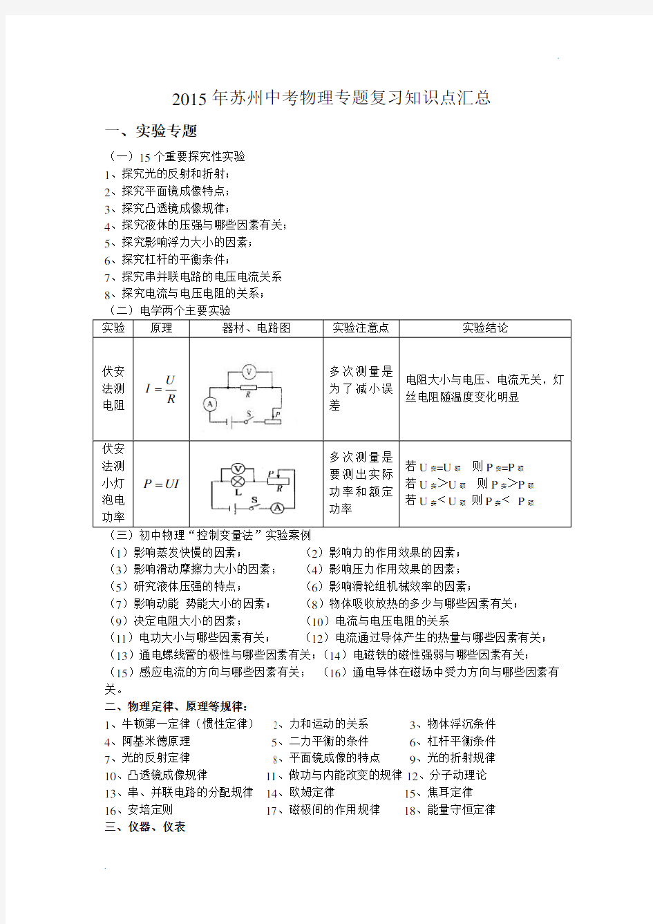 苏州中考物理知识点汇总