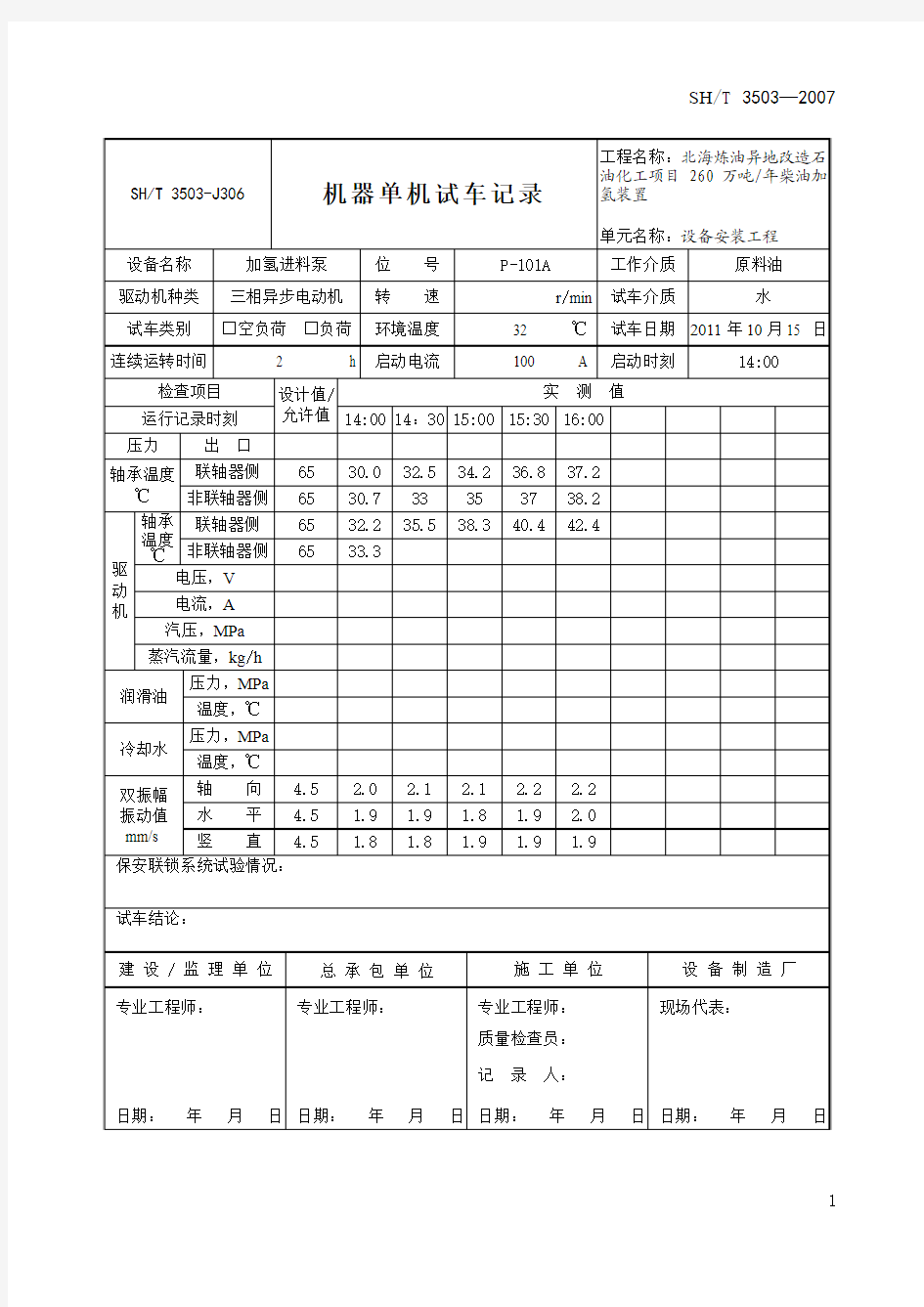 3503-J306 机器单机试车记录