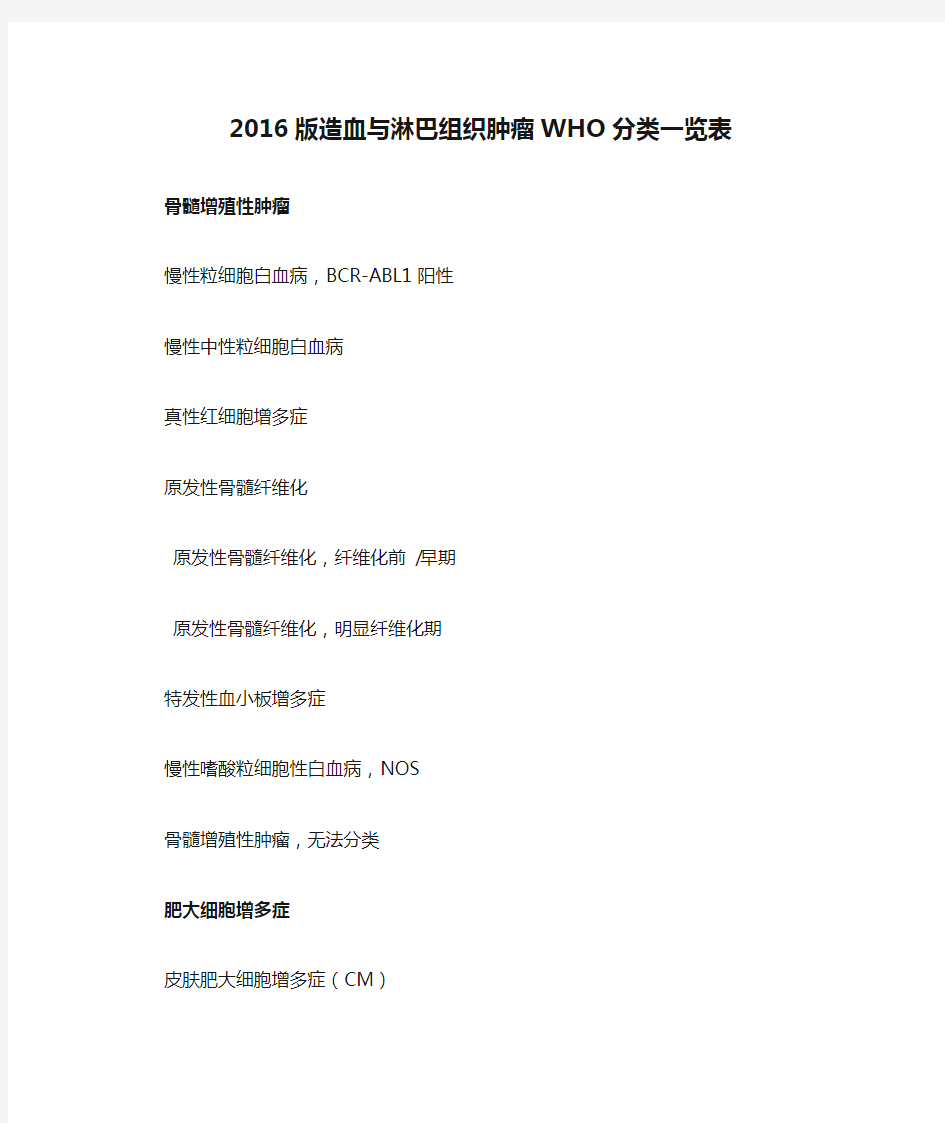 2016版造血与淋巴组织肿瘤WHO分类一览表