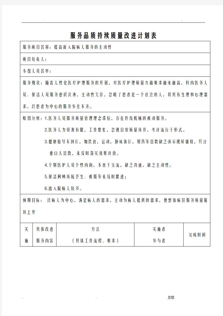 服务质量持续改进(PDCA)2019年