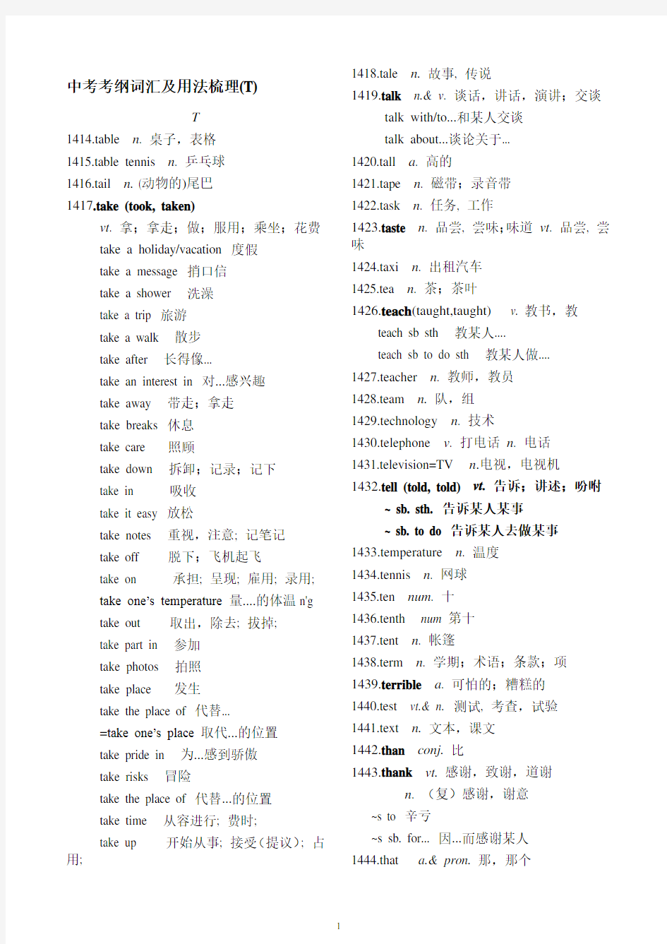 初中英语 中考考纲词汇及用法梳理(T)