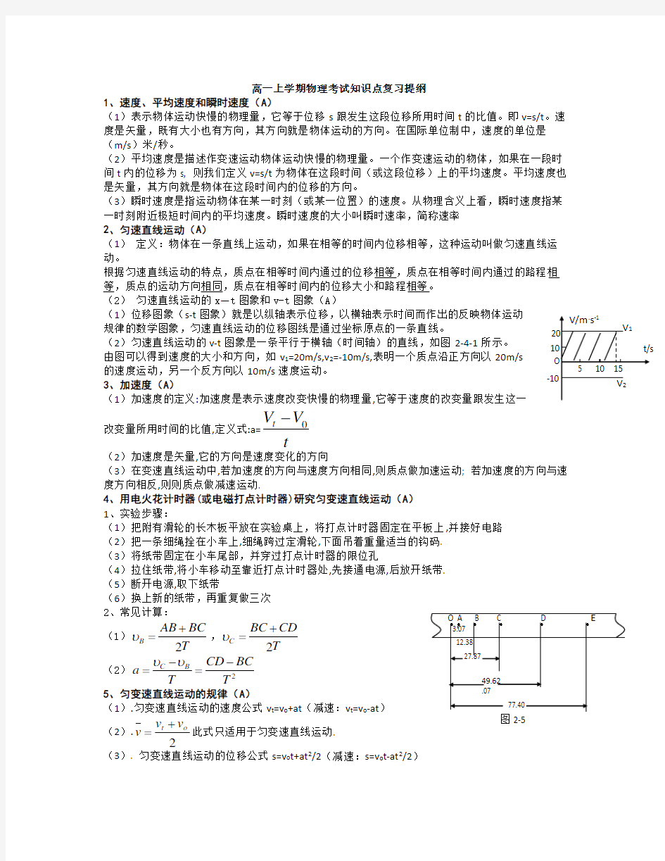 人教版高一上学期物理复习知识点