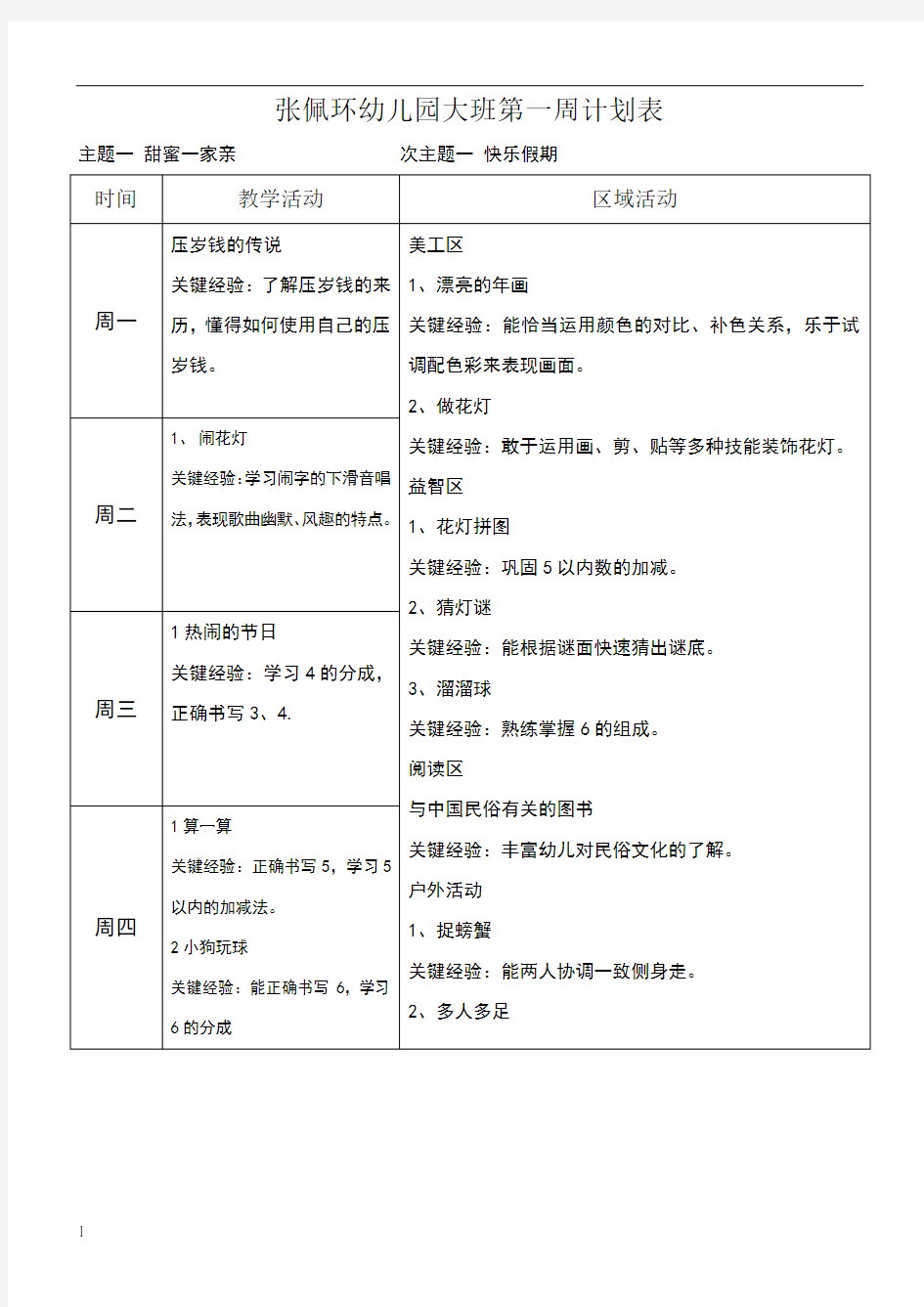 大班下学期周计划