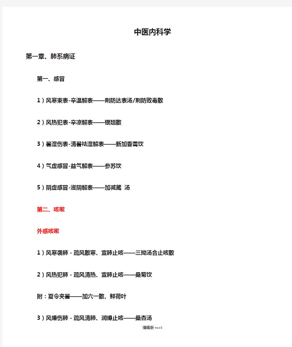 中医内科学病证分型+方名总结