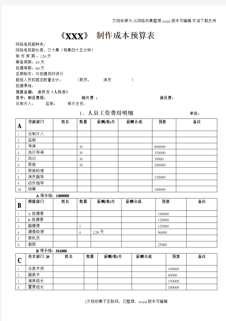 网剧电视剧制作预算表