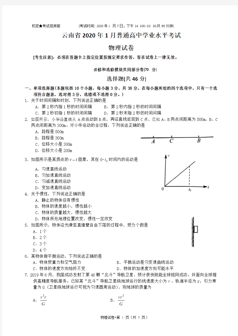 云南省2020年1月普通高中学业水平考试物理试卷(完整版 Word纯手工录入可编辑)