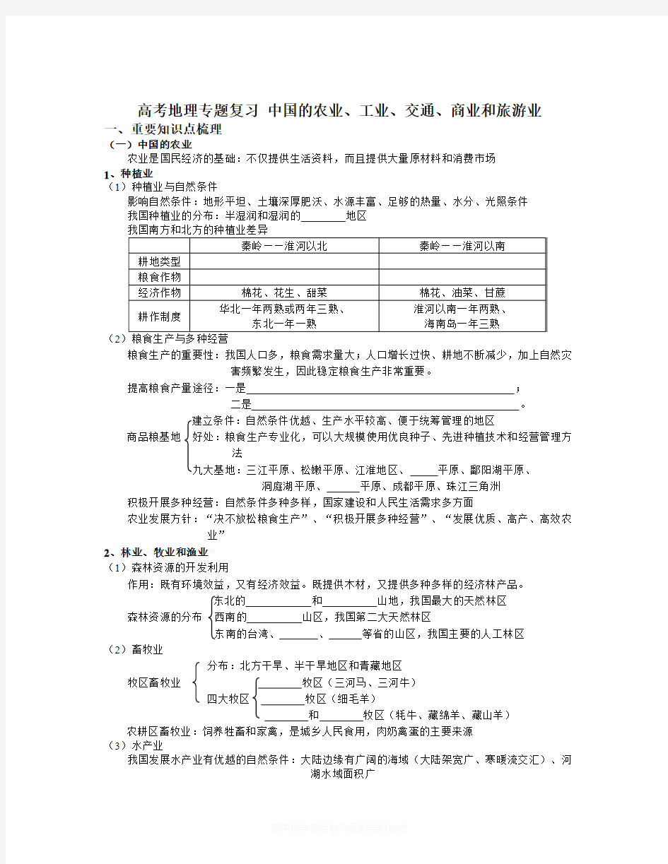 【精选】高考地理专题复习《中国的农业、工业、交通、商业和旅游业》-地理知识点总结