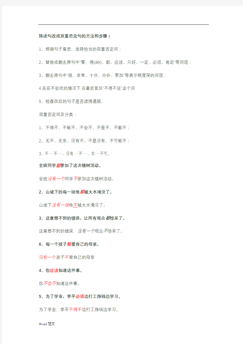 陈述句改成双重否定句与方法(题目和答案)