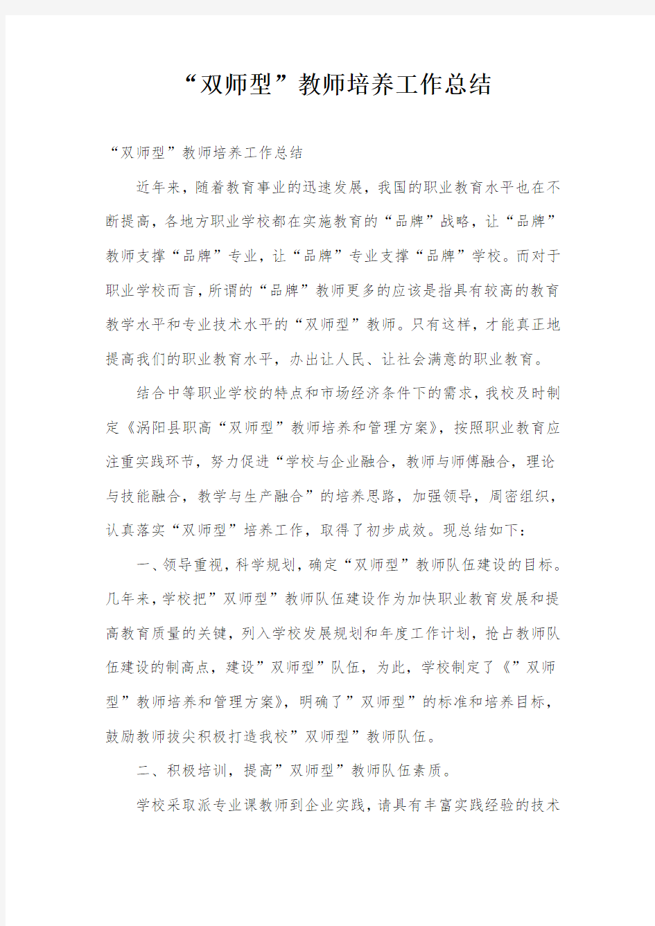 “双师型”教师培养工作总结