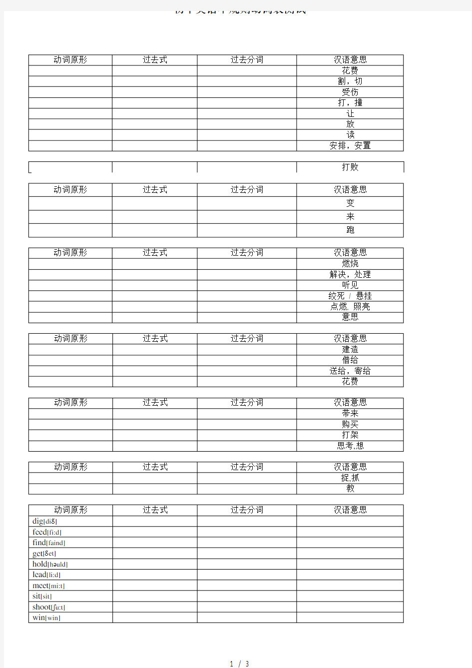 初中英语不规则动词表测试