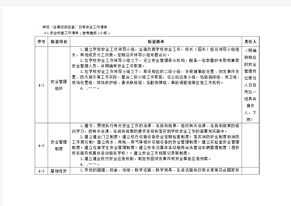 学校(含高校实验室)日常安全工作清单