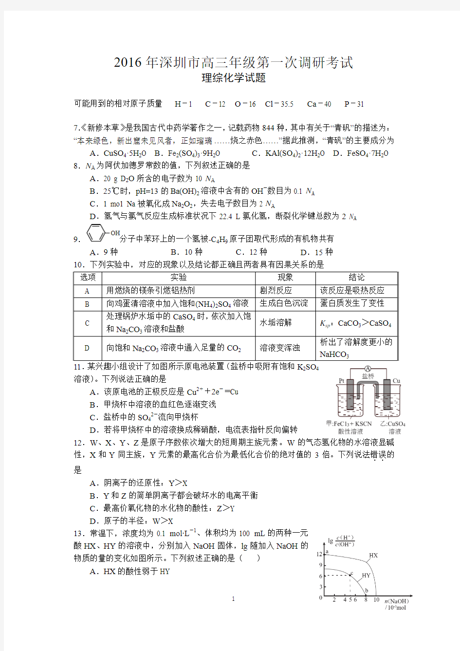 2016年深圳一模考试化学试题