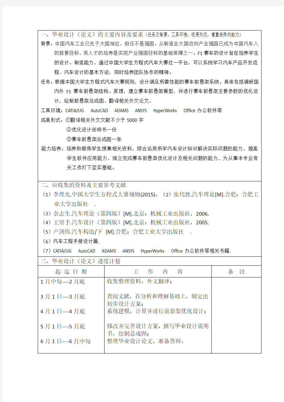 F1赛车前悬架设计任务书及开题报告