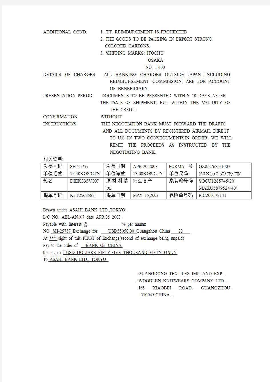 根据下面一份信用证和有关资料,根据信用证的要求缮制全套结汇单据