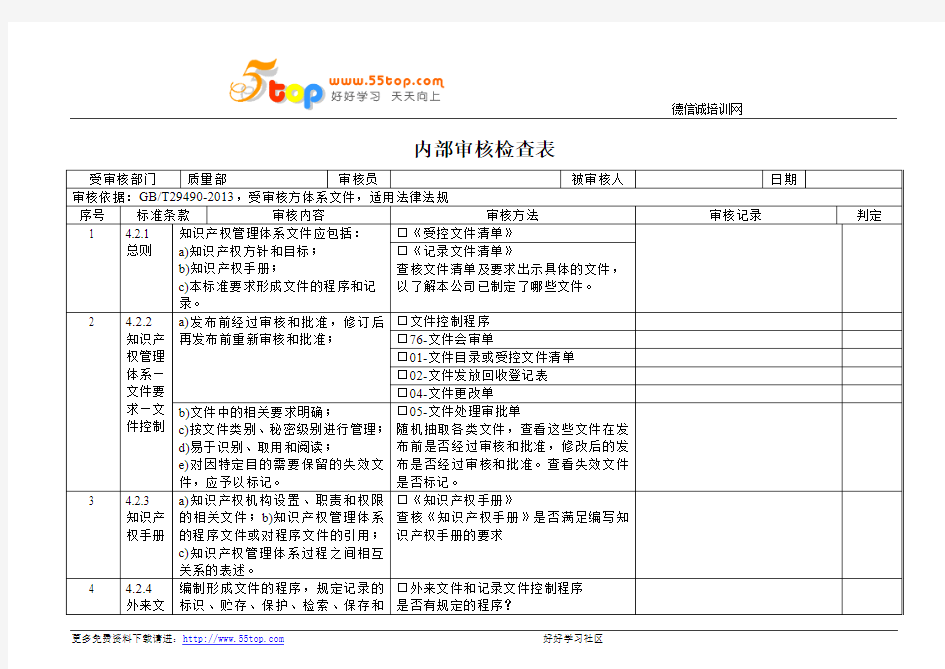 GBT29490-2013内部审核检查表-质量部