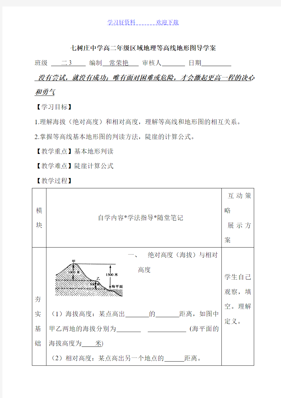 七树庄中学高二年级区域地理等高线地形图导学案