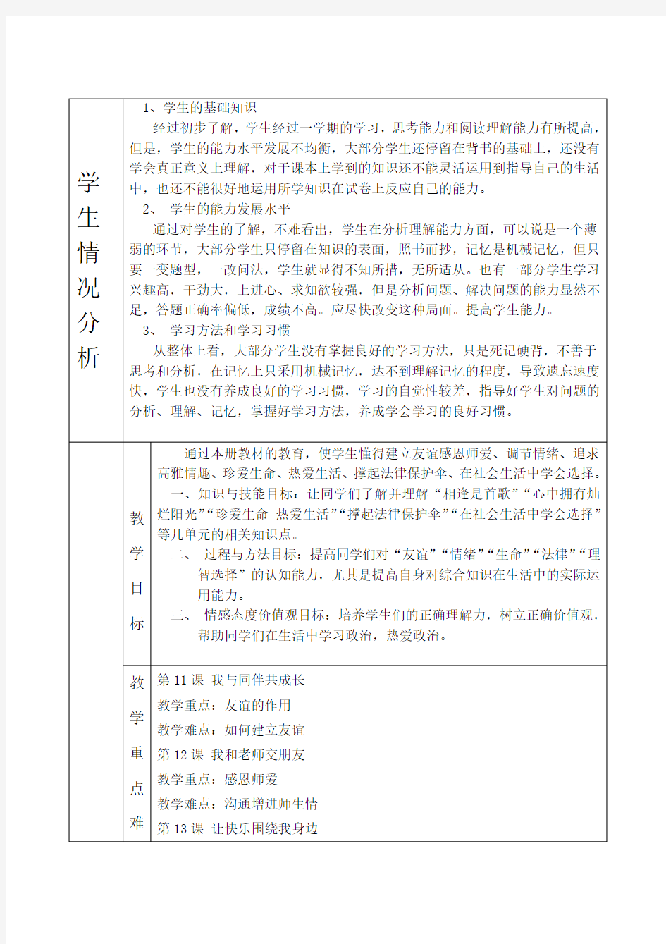 七年级政治教学计划(第二学期)