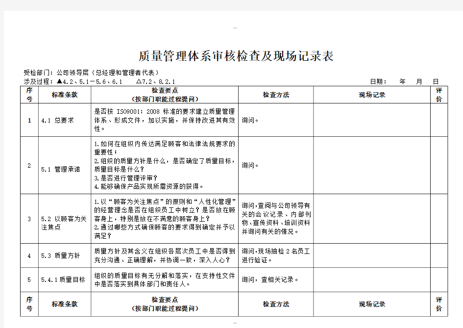 物业公司质量管理体系审核检查及现场记录表要点