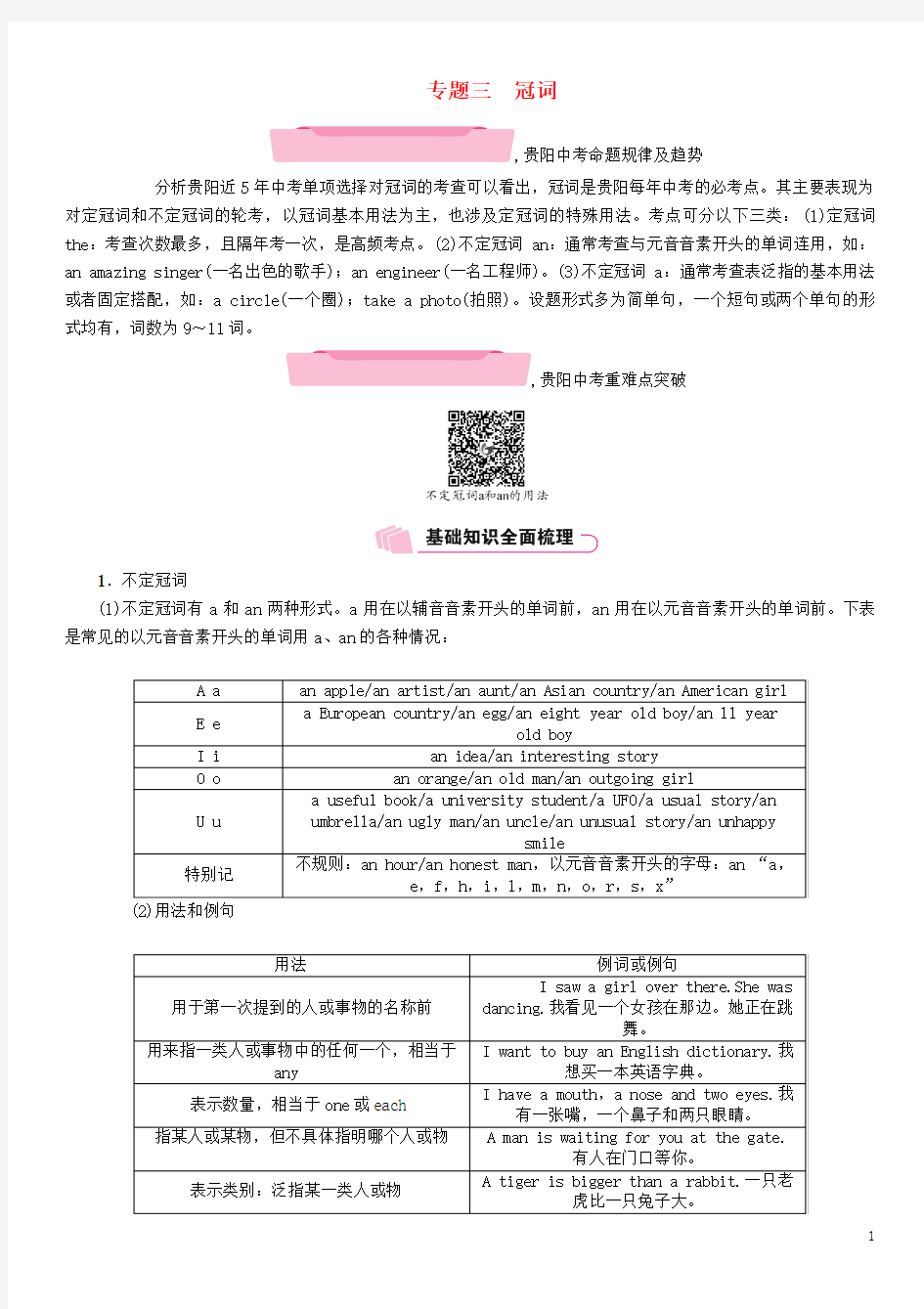 2018年中考英语总复习第二部分语法专题突破篇专题3冠词(精讲)试题