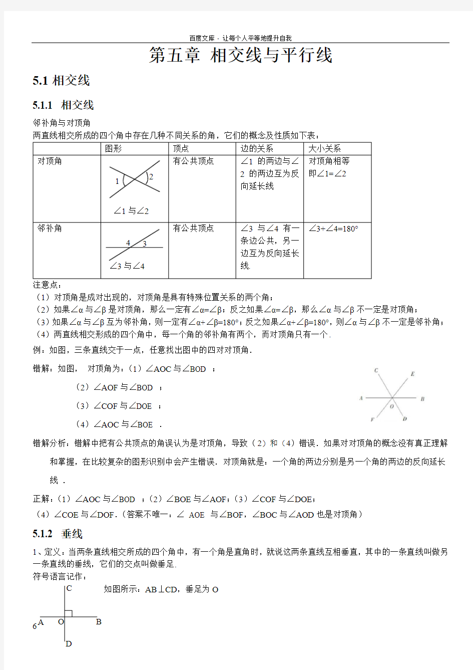 2017春人教版数学七下第五章相交线与平行线知识点总结