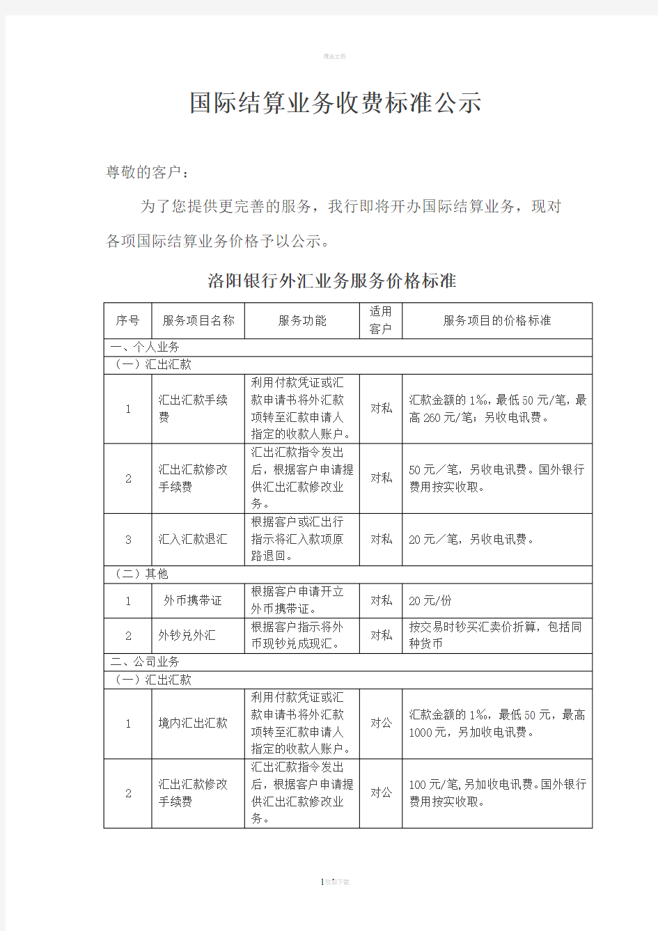 国际结算业务收费标准公示